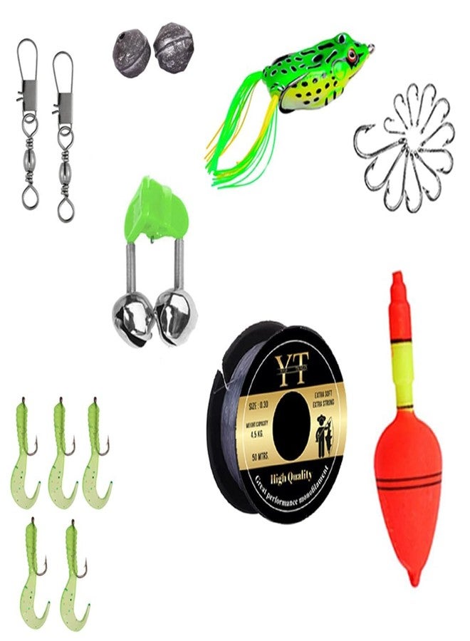 Fishing Tackle Kit with Line, Frog Lure, Hooks, Swivels, Sinkers, Bell and Float, 50m Line, Green