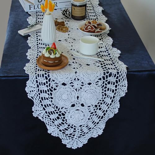 kilofly Handmade Crochet Cotton Lace Table Runner Tablecloth, 15 x 79 inch - Image 1