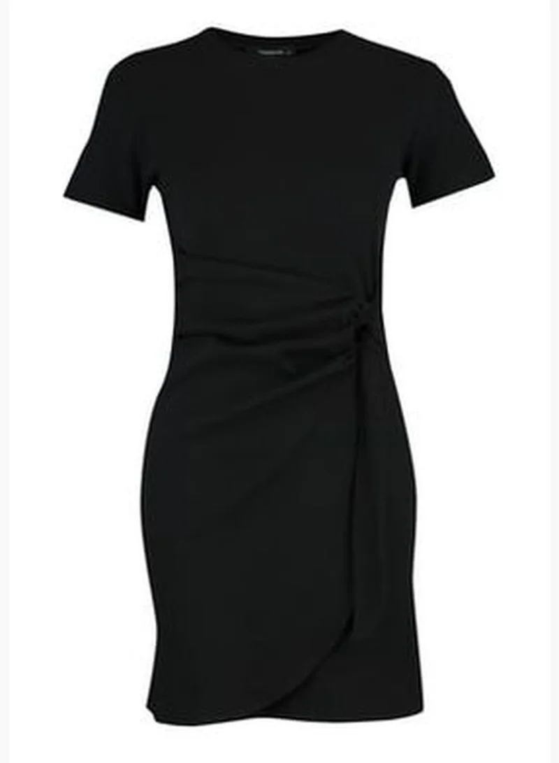 trendyol Black Knitted Detail Crew Neck Sweater-Look Mini Knitted Dress TWOSS22EL0751.