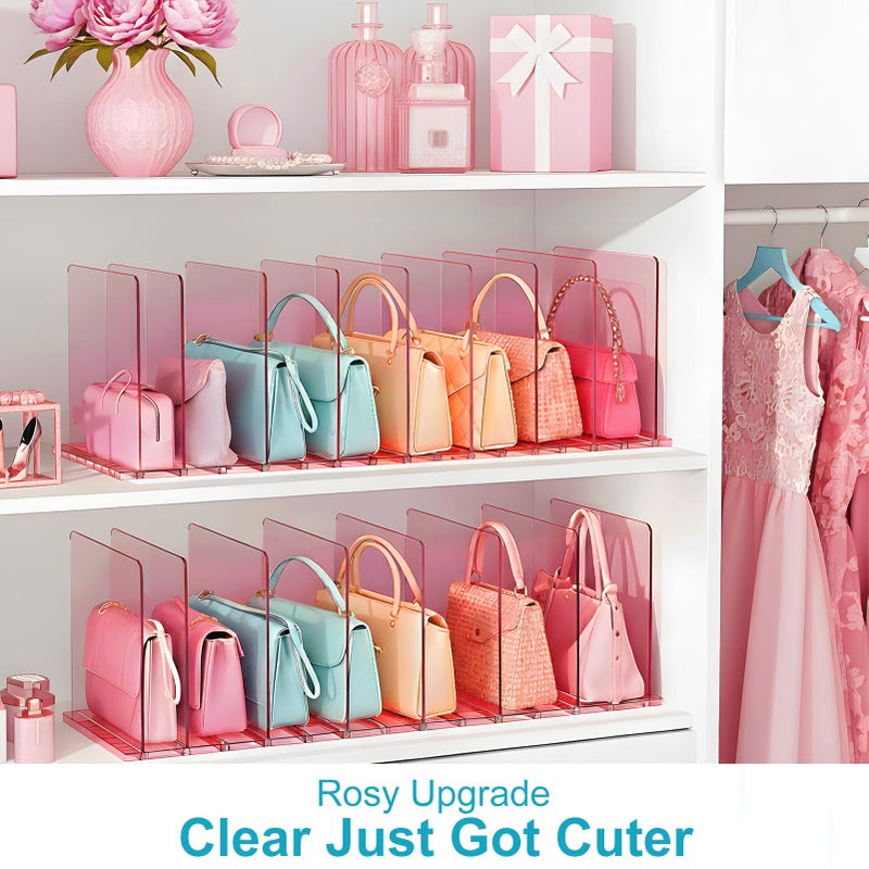 SortNStore Purse Organizer for Closet: Shelf Dividers Adjustable Acrylic Bag Closet Organizers and Storage Pink 4 Bases 14 Shelves - Image 2