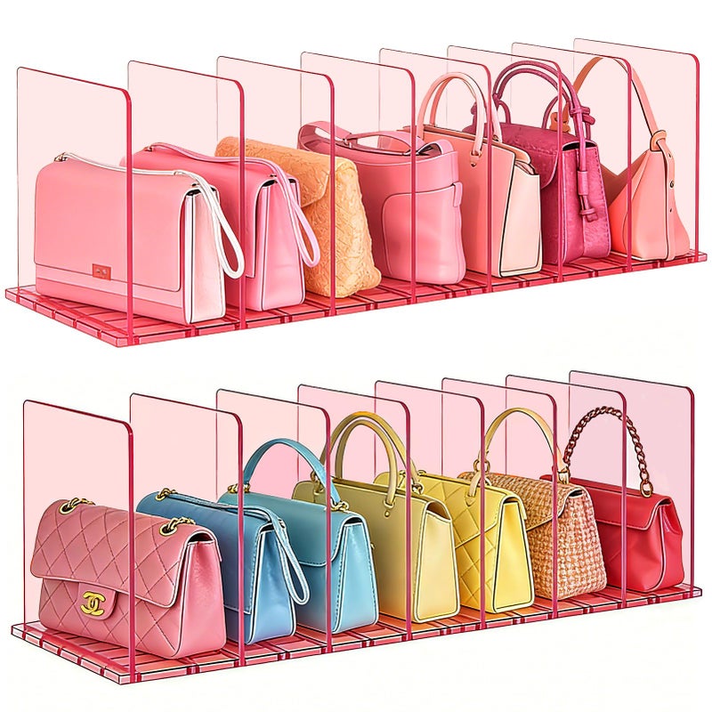 SortNStore Purse Organizer for Closet: Shelf Dividers Adjustable Acrylic Bag Closet Organizers and Storage Pink 4 Bases 14 Shelves - Image 1