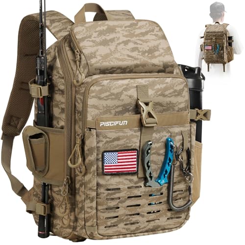 Piscifun Fishing Tackle Backpack with Rod Gear Holder Lightweight Outdoor WaterResistant Fishing Shoulder Storage Bag with Protective Rain Cover Khaki Camouflage - Image 1