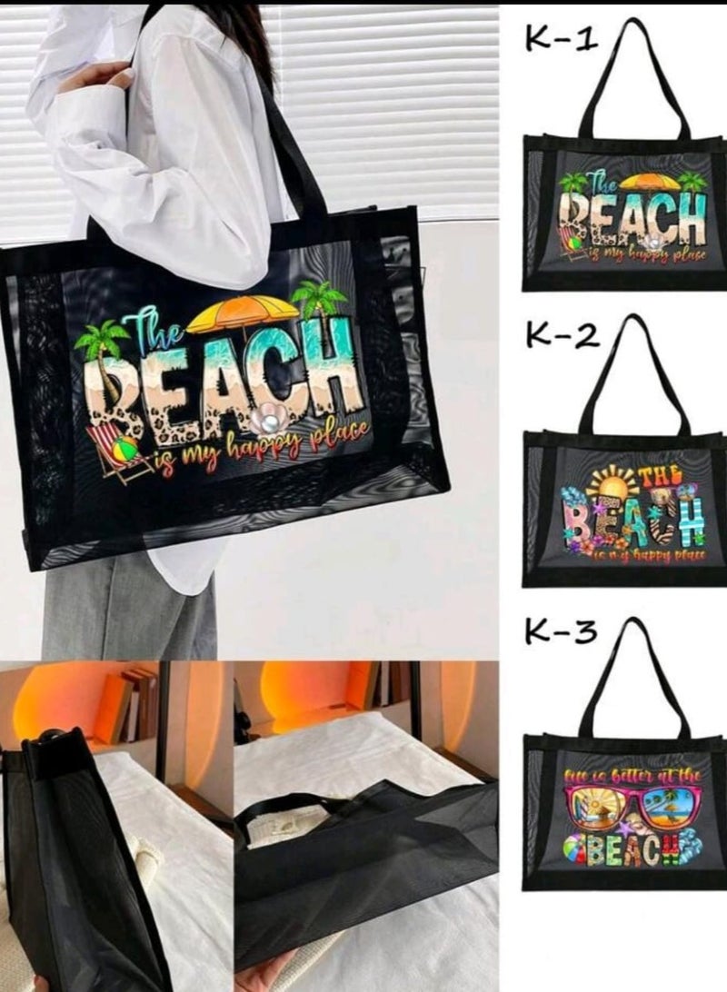 Shein SHEIN WOMEN  Breathable Beach Mesh Tote Bag, Coconut Tree Letter Print, Large Capacity Casual Tote Bag 
