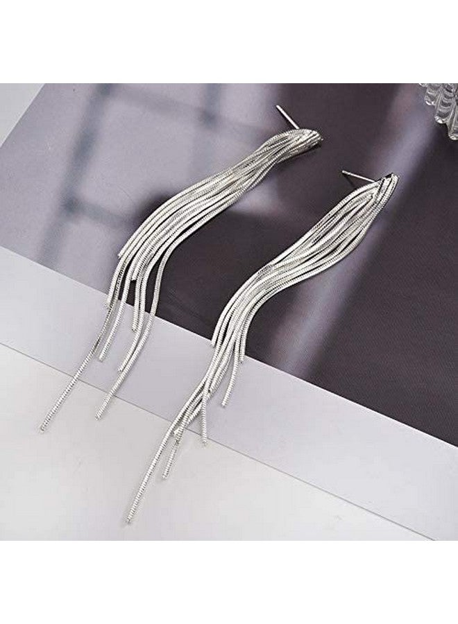 FUTIMELY Long Tassel Dangle Drop Earrings For Woman,Silver/Gold Punk Sleek Metal Chain Earrings Wedding Bridesmaid Jewelry (2：Silver) - Image 3