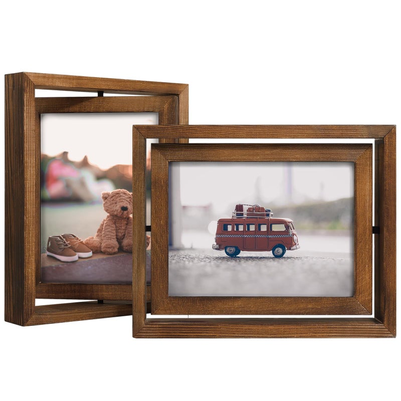 Egofine Egofine 2 Pack 6x8 Rotating Floating Picture Frames Double-Sided Display with HD Glass Front Wooden Distressed Frame for Vertical or Horizontal Tabletop Display  Carbonization 