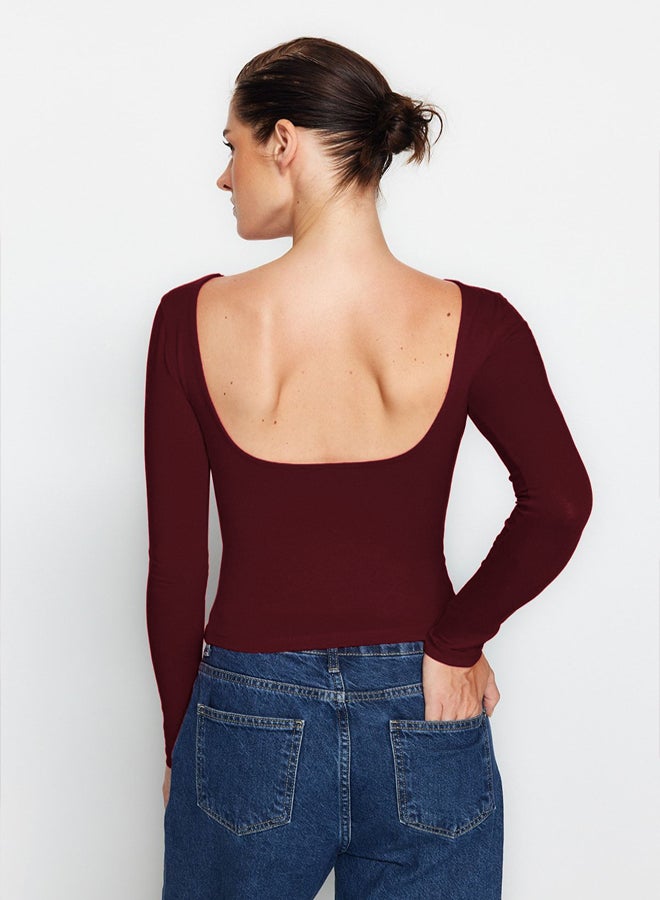 trendyol Dark Burgundy Cotton Backless Fitted/Fits Body Flexible Knitted Blouse - Image 4