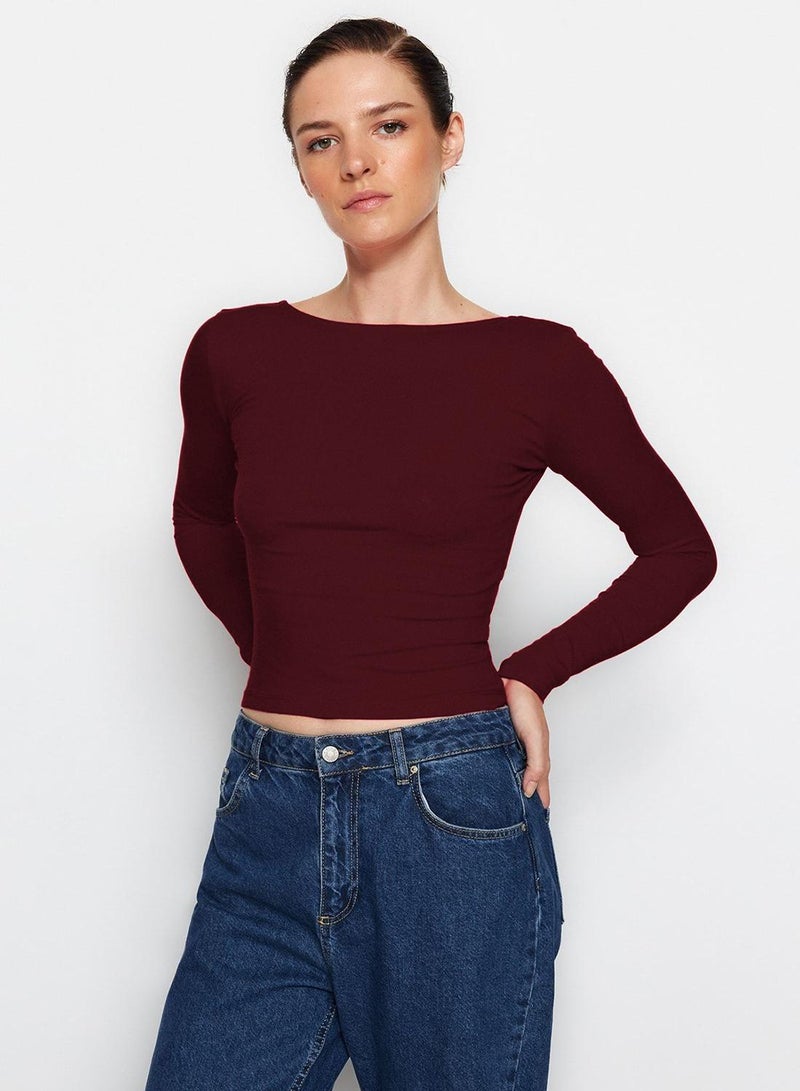trendyol Dark Burgundy Cotton Backless Fitted/Fits Body Flexible Knitted Blouse - Image 3