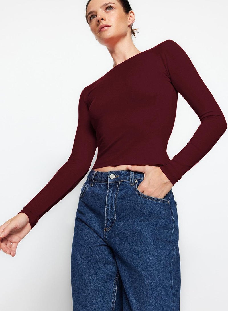 trendyol Dark Burgundy Cotton Backless Fitted/Fits Body Flexible Knitted Blouse - Image 2
