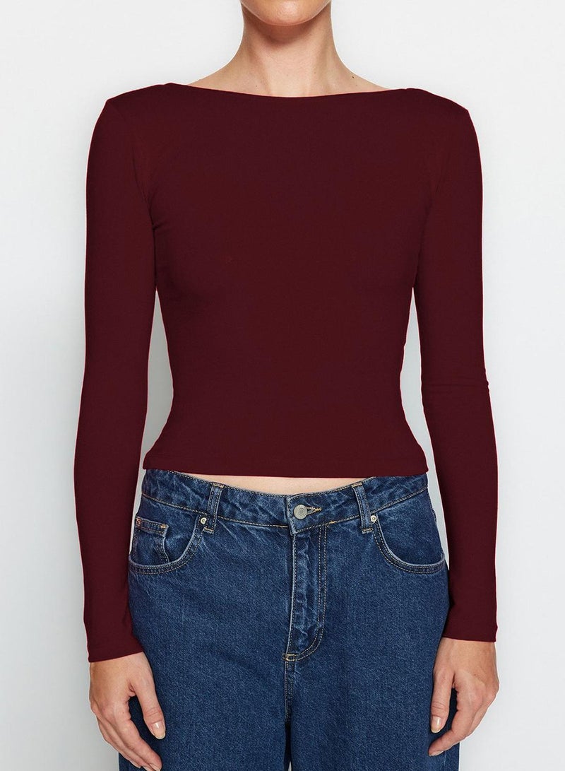 trendyol Dark Burgundy Cotton Backless Fitted/Fits Body Flexible Knitted Blouse - Image 5