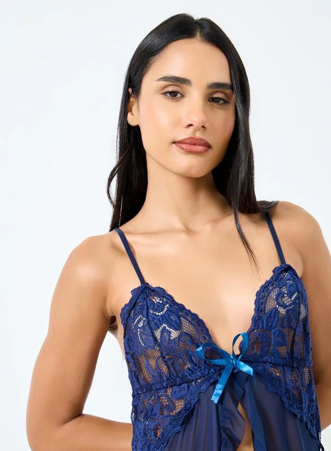 Styli Styli Lace Center Front Open Babydoll with Ruffles Hem and Brief