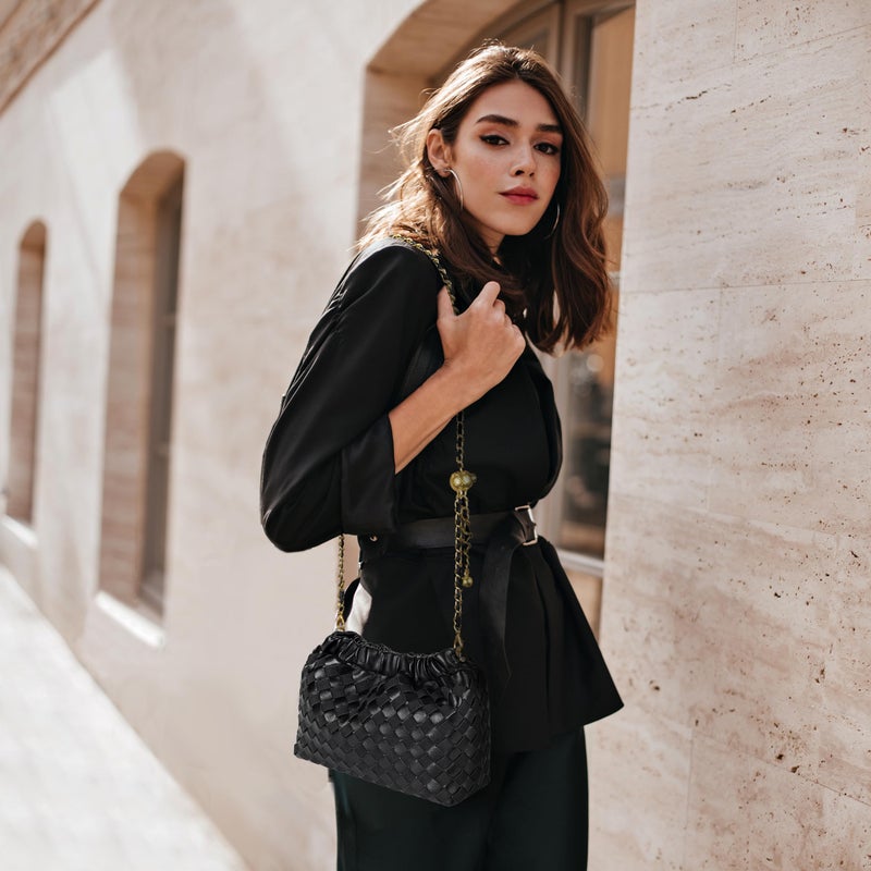 Joryin Woven Women's Crossbody Bag & Evening Purse, Trendy Dumpling Clutch & Hobo Cloud Shoulder Bag Trendy Dumpling Clutch Vegan Leather, Basalt Black - Image 2