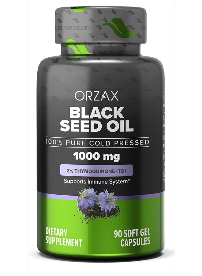 ORZAX كبسولات زيت الحبة السوداء، إمداد لمدة 90 يومًا، 2% ثيموكينون، غير معدلة وراثيًا، خالية من الغلوتين، كبسولات حبة البركة المضغوطة على البارد، نيغلا سativa - Image 1