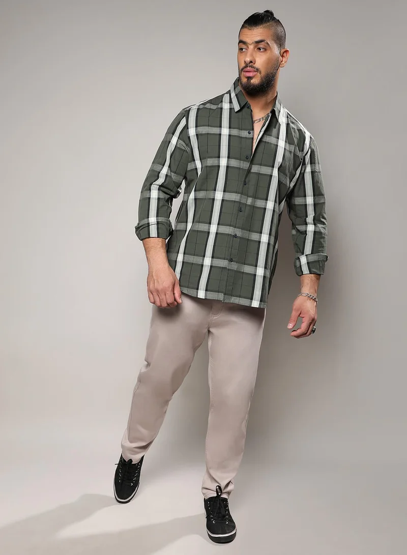 Instafab Plus Instafab Plus Men's Tartan Plaid Dark Green Button Up Plus-Size Fit Shirt For Casual Wear | Cotton Spread Collar Shirt Crafted With Regular Sleeve & Comfort Fit For Everyday Wear