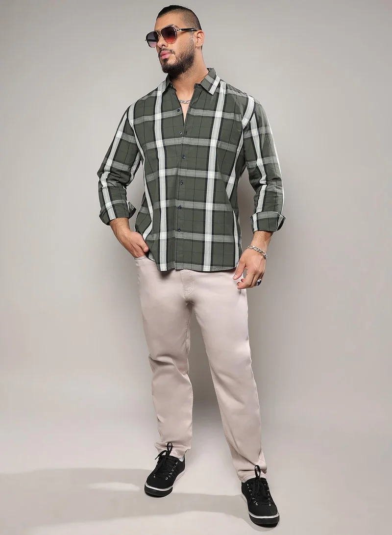 Instafab Plus Instafab Plus Men's Tartan Plaid Dark Green Button Up Plus-Size Fit Shirt For Casual Wear | Cotton Spread Collar Shirt Crafted With Regular Sleeve & Comfort Fit For Everyday Wear