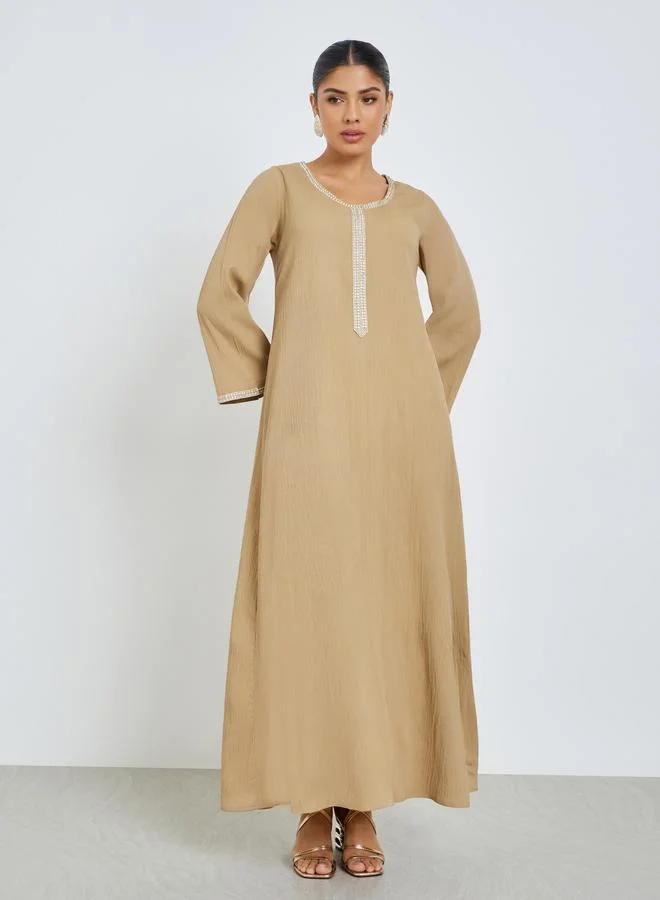 Amirah Beige Lace Panel Textured Jalabiya