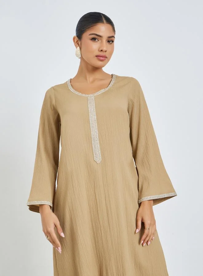 Amirah  Beige Lace Panel Textured Jalabiya for Women | Best Price UAE