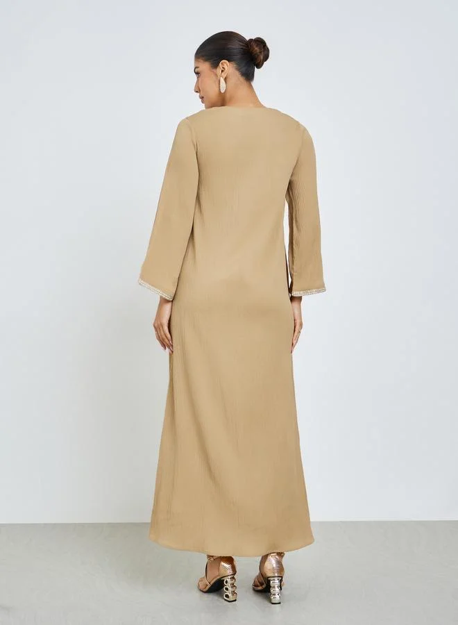 Amirah  Beige Lace Panel Textured Jalabiya for Women | Best Price UAE
