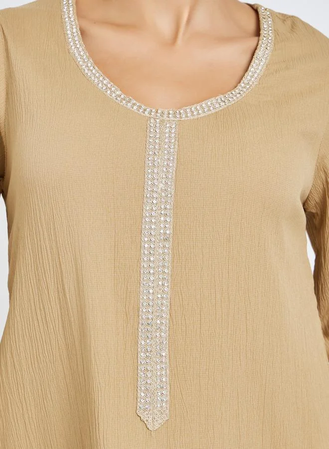 Amirah  Beige Lace Panel Textured Jalabiya for Women | Best Price UAE