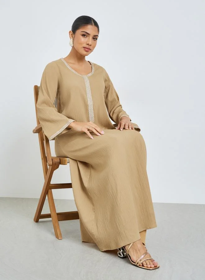 Beige Lace Panel Textured Jalabiya