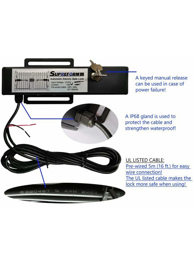 Supreform Universal 12VDC(NOT 24VDC) Outdoor Automatic Electric Gate Lock for Swing Gate Opener Operator Automatic Gate Openers, Fail Secure Gate Lock, UL Listed Cable - Image 3