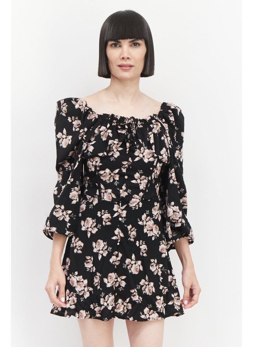 Missguided Women Floral Print Mini Dress, Black  - Image 1