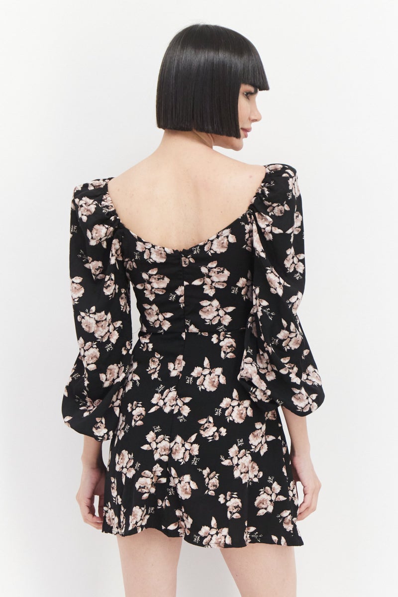 Missguided Women Floral Print Mini Dress, Black - Image 2
