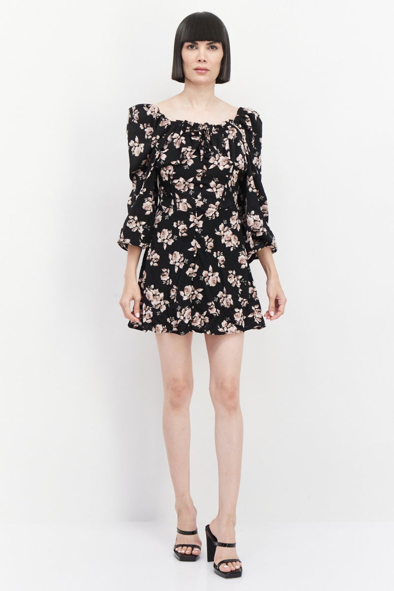 Missguided Women Floral Print Mini Dress, Black - Image 4