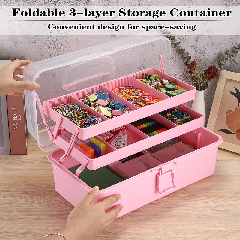BTSKY 3-Layer 16-Inch Clear Plastic Dividing Storage Box Craft Organizer and Storage with Adjustable Spacers Portable Handled Art Supply Organizer Multipurpose Home Utility Box Sewing Organizers, Pink - Image 5