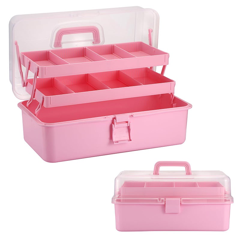 BTSKY 3-Layer 16-Inch Clear Plastic Dividing Storage Box Craft Organizer and Storage with Adjustable Spacers Portable Handled Art Supply Organizer Multipurpose Home Utility Box Sewing Organizers, Pink - Image 1