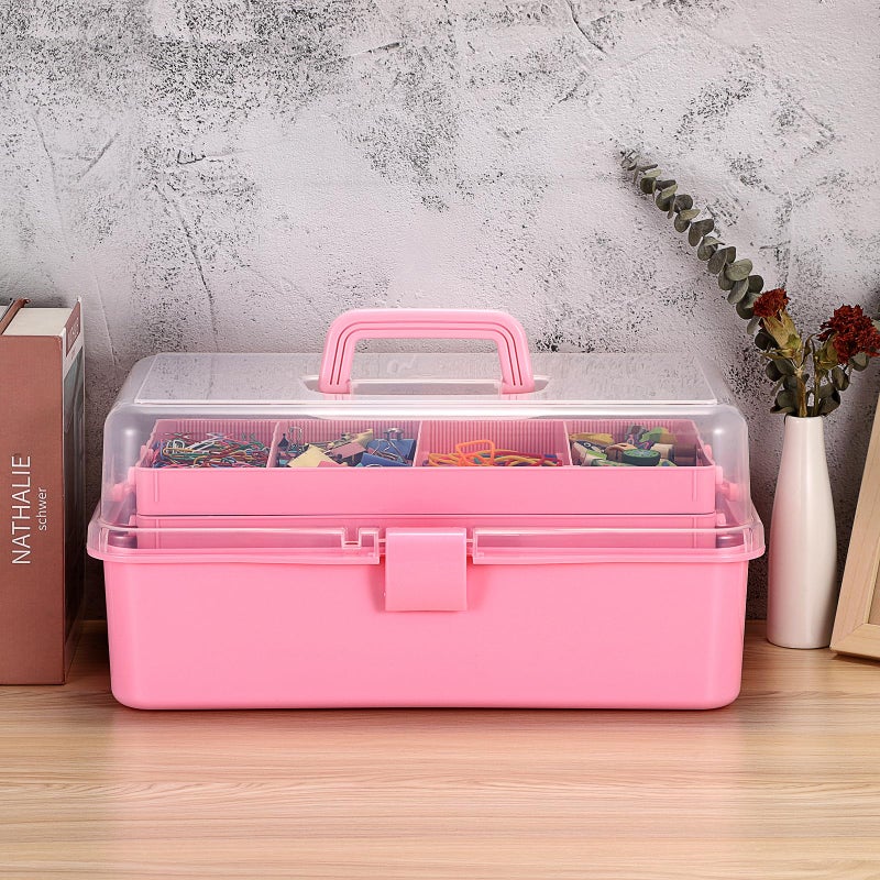 BTSKY 3-Layer 16-Inch Clear Plastic Dividing Storage Box Craft Organizer and Storage with Adjustable Spacers Portable Handled Art Supply Organizer Multipurpose Home Utility Box Sewing Organizers, Pink - Image 3