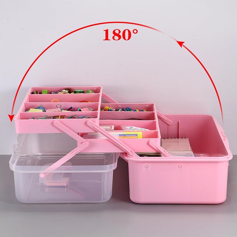 BTSKY 3-Layer 16-Inch Clear Plastic Dividing Storage Box Craft Organizer and Storage with Adjustable Spacers Portable Handled Art Supply Organizer Multipurpose Home Utility Box Sewing Organizers, Pink - Image 2