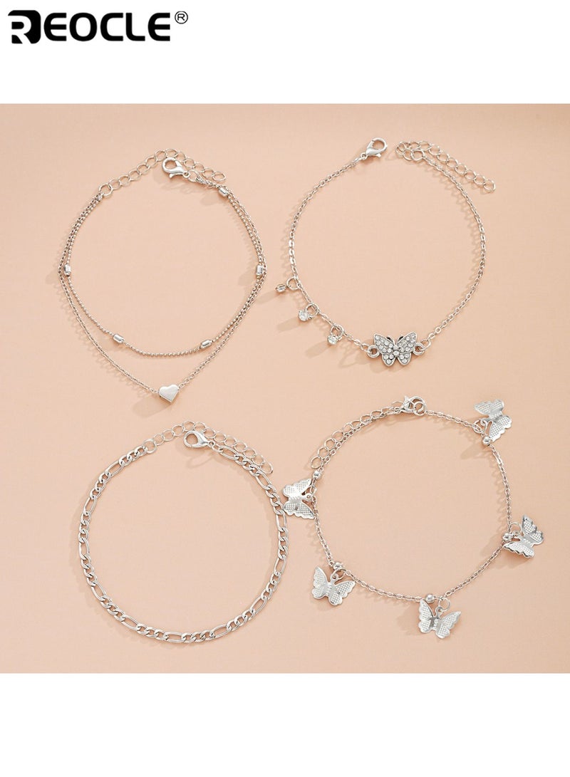 REOCLE 5PCS Women's Layered Charm Anklet Set Multi-Strand Chain Design with Butterfly & Heart Accents Dainty Foot Jewelry for Daily Wear & Casual Occasions - Image 5
