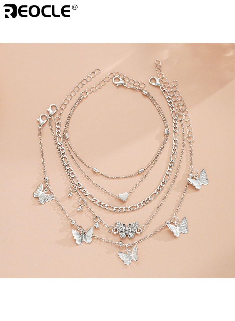 REOCLE 5PCS Women's Layered Charm Anklet Set Multi-Strand Chain Design with Butterfly & Heart Accents Dainty Foot Jewelry for Daily Wear & Casual Occasions - Image 3