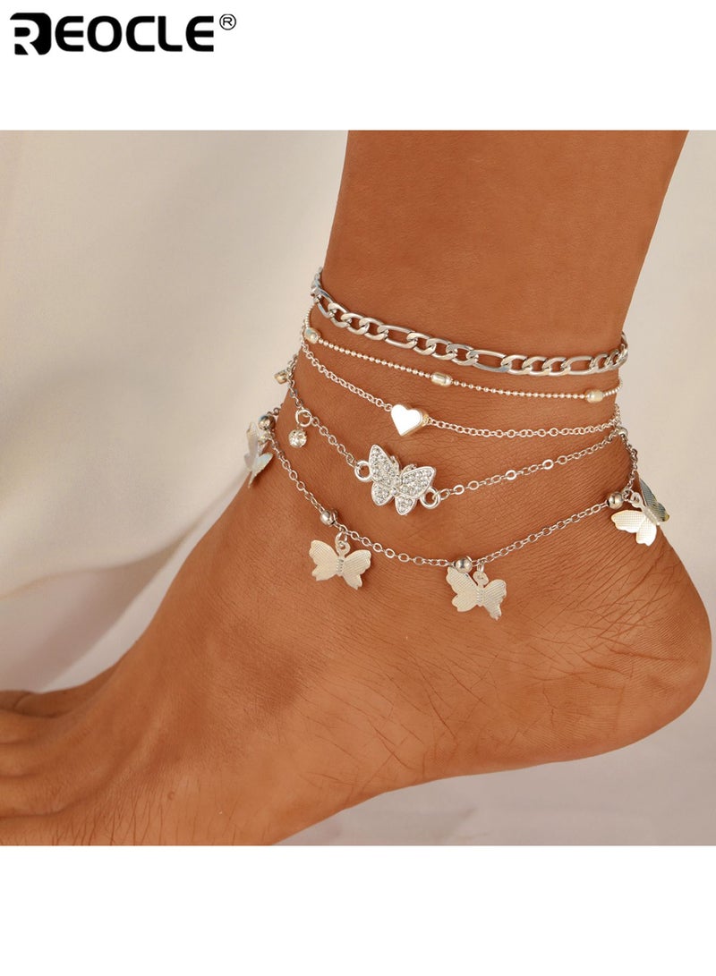 REOCLE 5PCS Women's Layered Charm Anklet Set Multi-Strand Chain Design with Butterfly & Heart Accents Dainty Foot Jewelry for Daily Wear & Casual Occasions - Image 1
