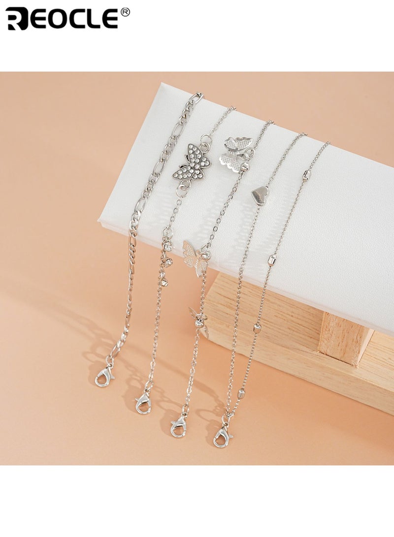 REOCLE 5PCS Women's Layered Charm Anklet Set Multi-Strand Chain Design with Butterfly & Heart Accents Dainty Foot Jewelry for Daily Wear & Casual Occasions - Image 4