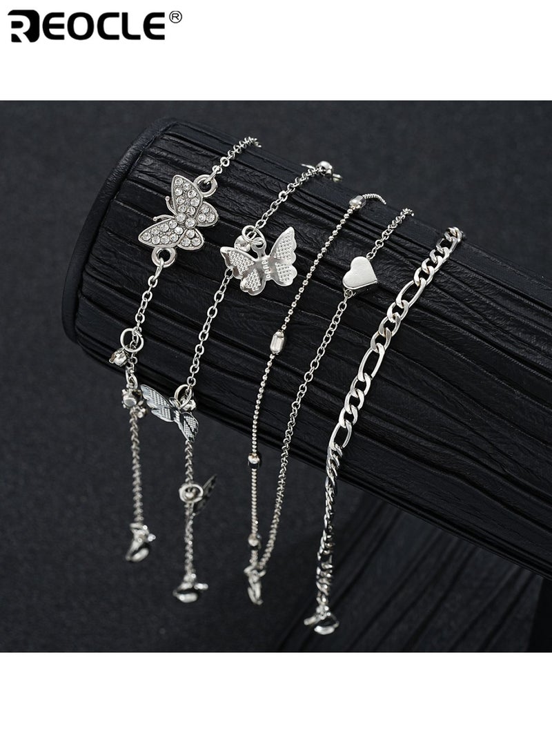 REOCLE 5PCS Women's Layered Charm Anklet Set Multi-Strand Chain Design with Butterfly & Heart Accents Dainty Foot Jewelry for Daily Wear & Casual Occasions - Image 2
