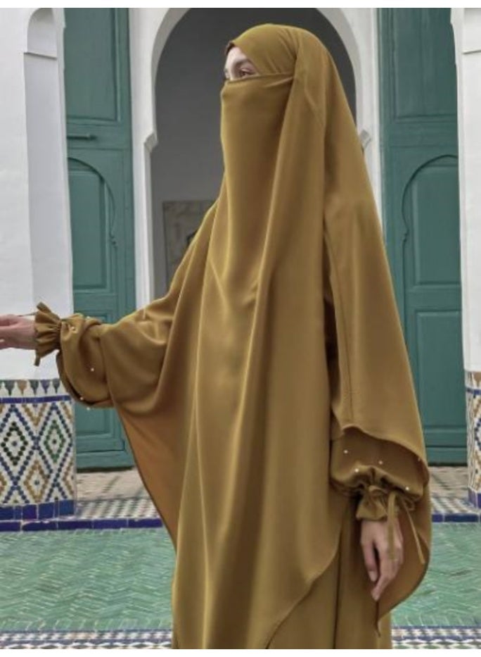 سلسلة اللؤلؤ: الشرق الأوسط اللون الصلب للنساء رداء اللؤلؤ الأكمام فستان Abaya قطعتين مجموعة الحجاب الطويل مناسبة جدا للنساء يوميا ارتداء الصيام شهر الصلاة - Image 1
