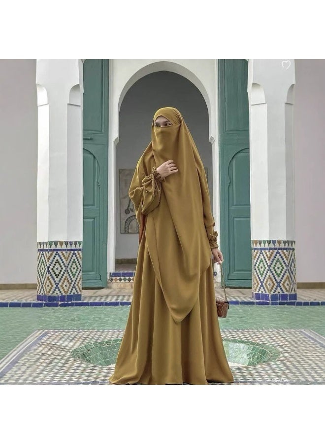 سلسلة اللؤلؤ: الشرق الأوسط اللون الصلب للنساء رداء اللؤلؤ الأكمام فستان Abaya قطعتين مجموعة الحجاب الطويل مناسبة جدا للنساء يوميا ارتداء الصيام شهر الصلاة - Image 3