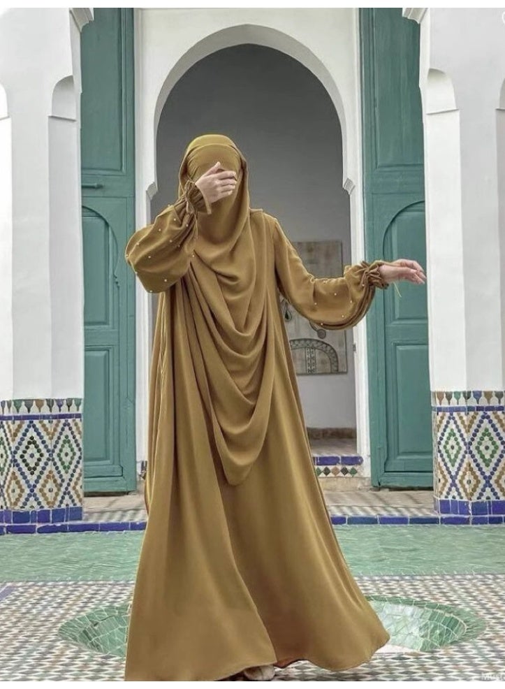 سلسلة اللؤلؤ: الشرق الأوسط اللون الصلب للنساء رداء اللؤلؤ الأكمام فستان Abaya قطعتين مجموعة الحجاب الطويل مناسبة جدا للنساء يوميا ارتداء الصيام شهر الصلاة - Image 2