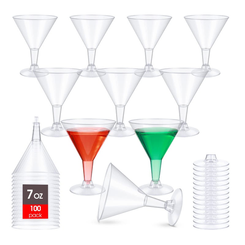 Mimorou 100 Pcs 7 oz Plastic Martini Glasses Disposable Cocktail Glasses Clear Margarita Glasses Plastic Party Champagne Cups for Drinking Whiskey Outdoor Parties Weddings Birthday Picnics Holiday 
