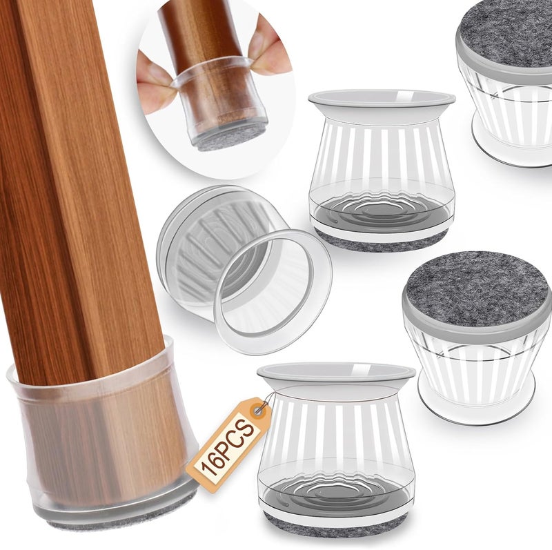 colorleaf 16 Pcs Chair Leg Floor Protectors for Hardwood Floors, Clear Silicone Ruby Sliders Caps Cover with Felt Pads for Chairs and Furniture Non Slip Reduce Noise - Image 1