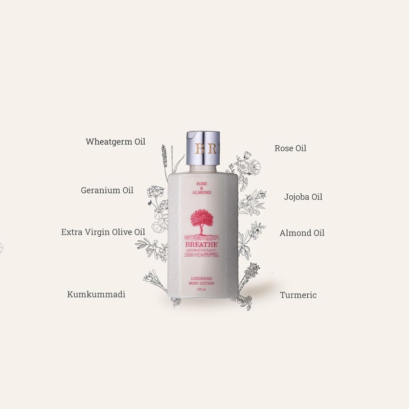 Breathe Aromatherapy Rose  Almond Body Lotion  Chinese Geranium Bulgarian Rose  Almond  Suitable for all skin types  Beneficial for mature  aging skin  Moisturises  rejuvenates the skin  250 ml - Image 3