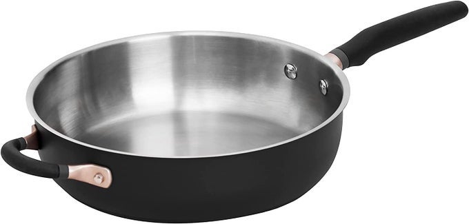 ACCENT SERIES STAINLESS STEEL SAUTE PAN WITH SILICONE HANDLE | STEEL FRYING PAN | STEEL PAN | FRYING PAN WITH INDUCTION BASE, 4.5 LITERS, 28CM, BLACK