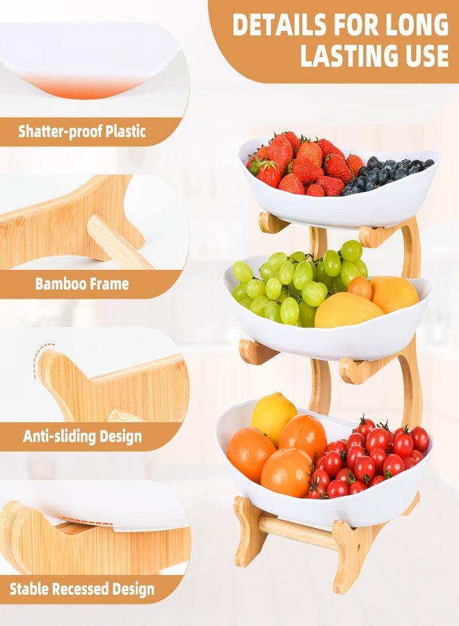 HEBYJO 3 Tier Fruit Bowl for Counter, Serving Trays for Party, Fruit Basket Plastic Serving Bowls with Bamboo Stand, Dessert Display Vegetable Storage, Snack, Nuts(White) - Image 3