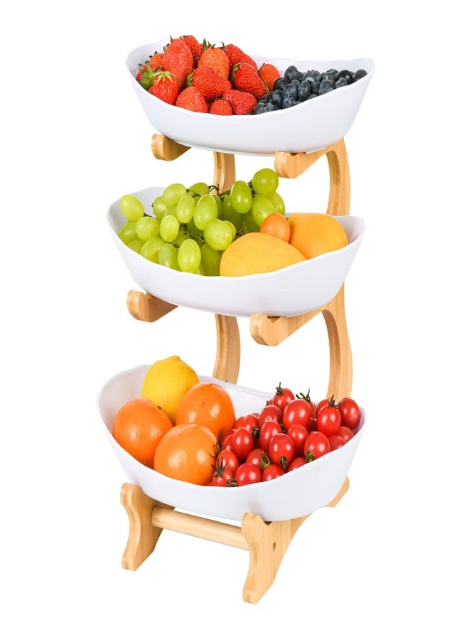 HEBYJO 3 Tier Fruit Bowl for Counter, Serving Trays for Party, Fruit Basket Plastic Serving Bowls with Bamboo Stand, Dessert Display Vegetable Storage, Snack, Nuts(White) - Image 1