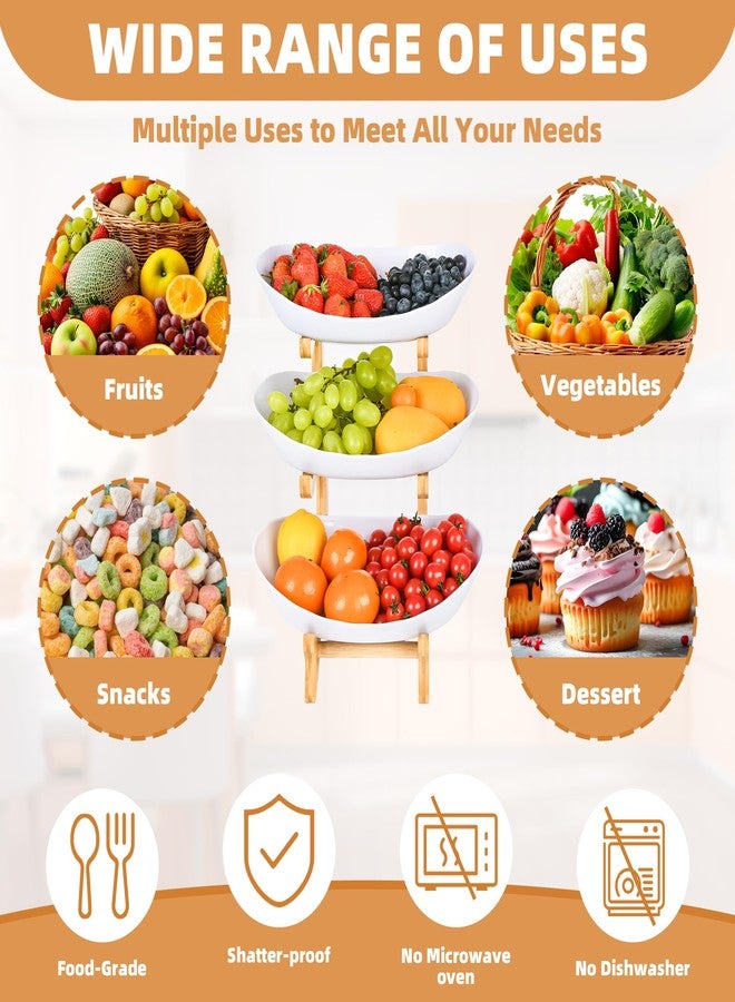 HEBYJO 3 Tier Fruit Bowl for Counter, Serving Trays for Party, Fruit Basket Plastic Serving Bowls with Bamboo Stand, Dessert Display Vegetable Storage, Snack, Nuts(White) - Image 4