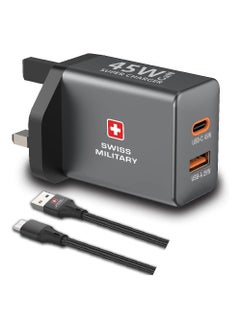 SWISS MILITARY 45W GaN Power Delivery Wall Charger with USB-C & USB-A Ports | Ultra-Fast Charging | Compact Design | Compatible with Type-C Laptops, Tablets, iPhones, Samsung, etc | 5Yr Warranty  - Image 1