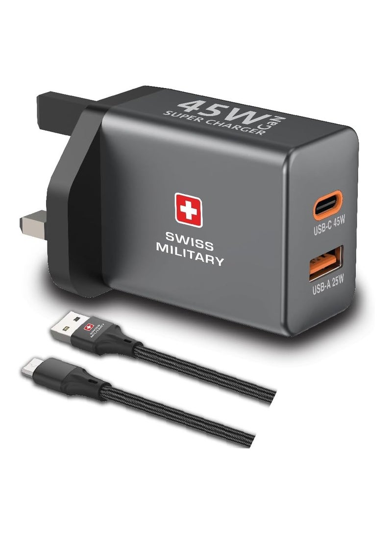 SWISS MILITARY 45W GaN Power Delivery Wall Charger with USB-C & USB-A Ports | Ultra-Fast Charging | Compact Design | Compatible with Type-C Laptops, Tablets, iPhones, Samsung, etc | 5Yr Warranty - Image 1
