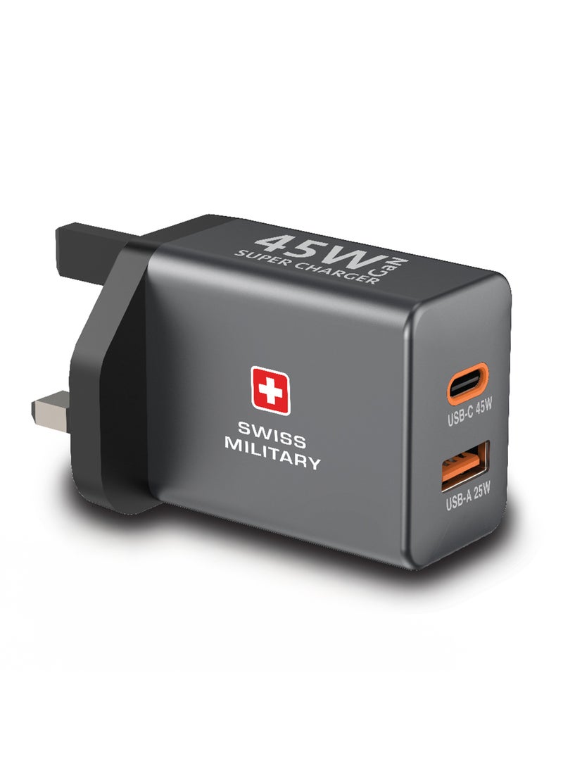 SWISS MILITARY 45W GaN Power Delivery Wall Charger with USB-C & USB-A Ports | Ultra-Fast Charging | Compact Design | Compatible with Type-C Laptops, Tablets, iPhones, Samsung, etc | 5Yr Warranty - Image 3
