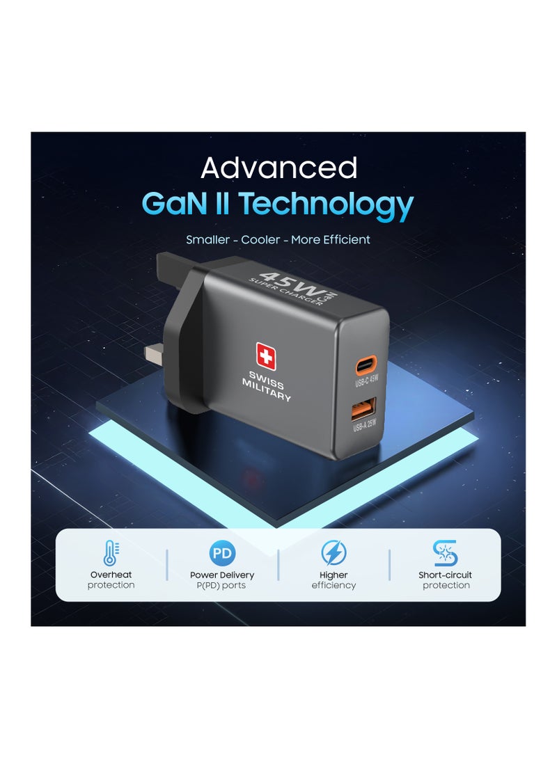 SWISS MILITARY 45W GaN Power Delivery Wall Charger with USB-C & USB-A Ports | Ultra-Fast Charging | Compact Design | Compatible with Type-C Laptops, Tablets, iPhones, Samsung, etc | 5Yr Warranty - Image 4